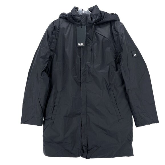NWT RAINS Fuse Coat Jacket BLACK Lightweight Hooded Insulated Waterproof S M